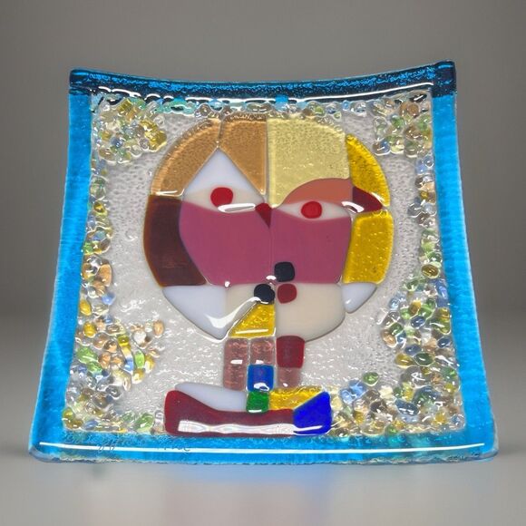 Handmade Fused Glass Tray Omaggio a Klee Abstract Modernist Square Art Dish EUC
